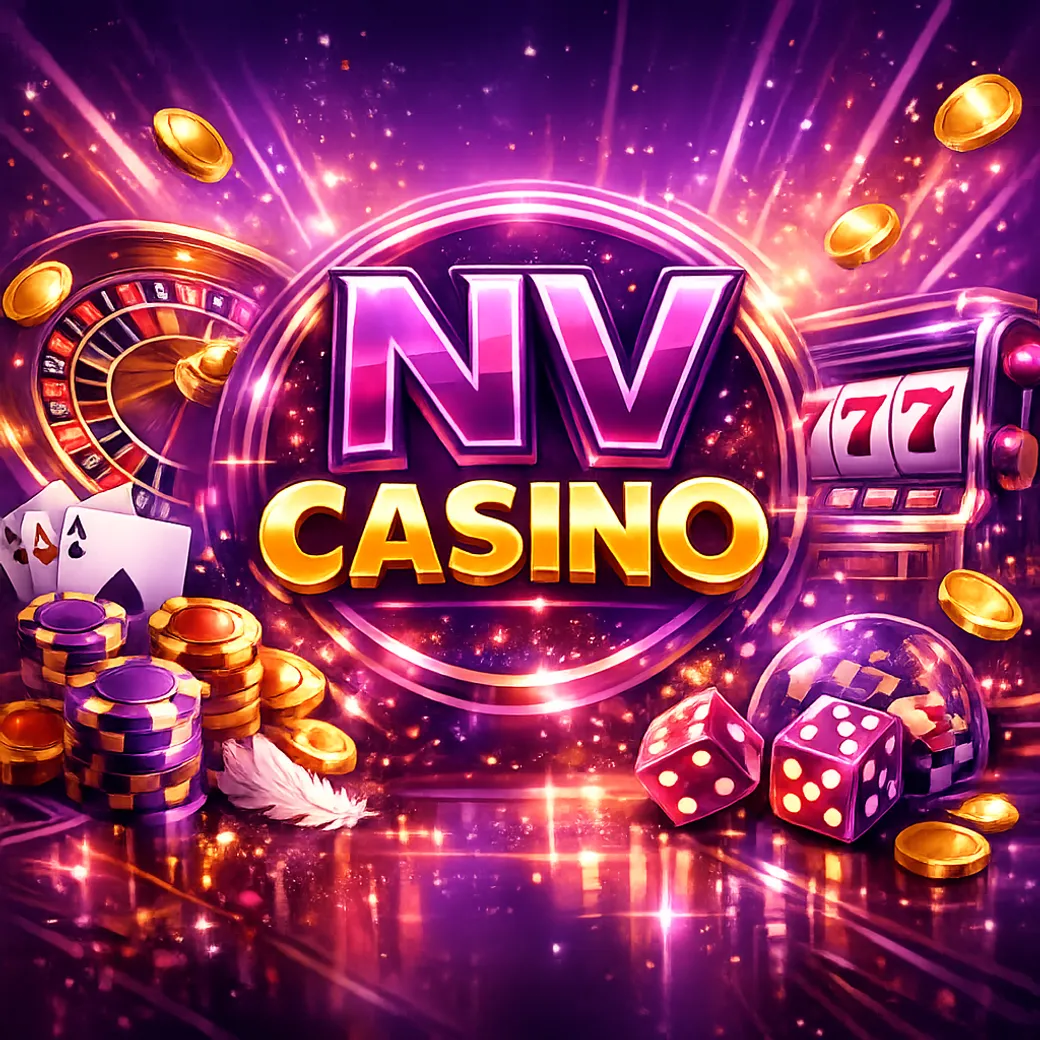 Dynamic NV Casino brand promo with purple-magenta neon and luxury gaming mood